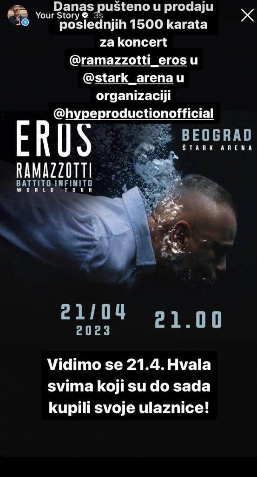 MIRKOVIĆ OBEĆAO NEVIĐENO Zbog velike potražnje u prodaju pušteno još karata za koncert Erosa Ramacotija!