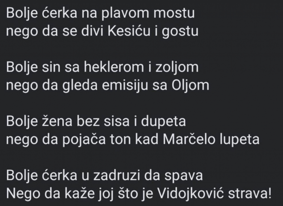ZARAZNA PESMA SE ŠIRI DRUŠTVENIM MREŽAMA Srbi sročili recitaciju o Kesiću i Olji, pa poentirali na Marčelu i Vidojkoviću!