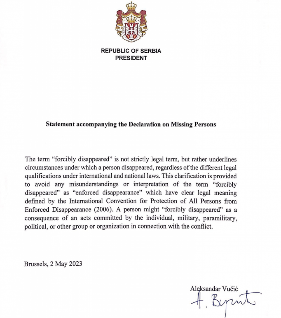 OVO JE PISMO KOJIM JE VUČIĆ ZAŠTITIO DRŽAVU SRBIJU Priloženo je uz Deklaraciju o nestalim osobama (FOTO)