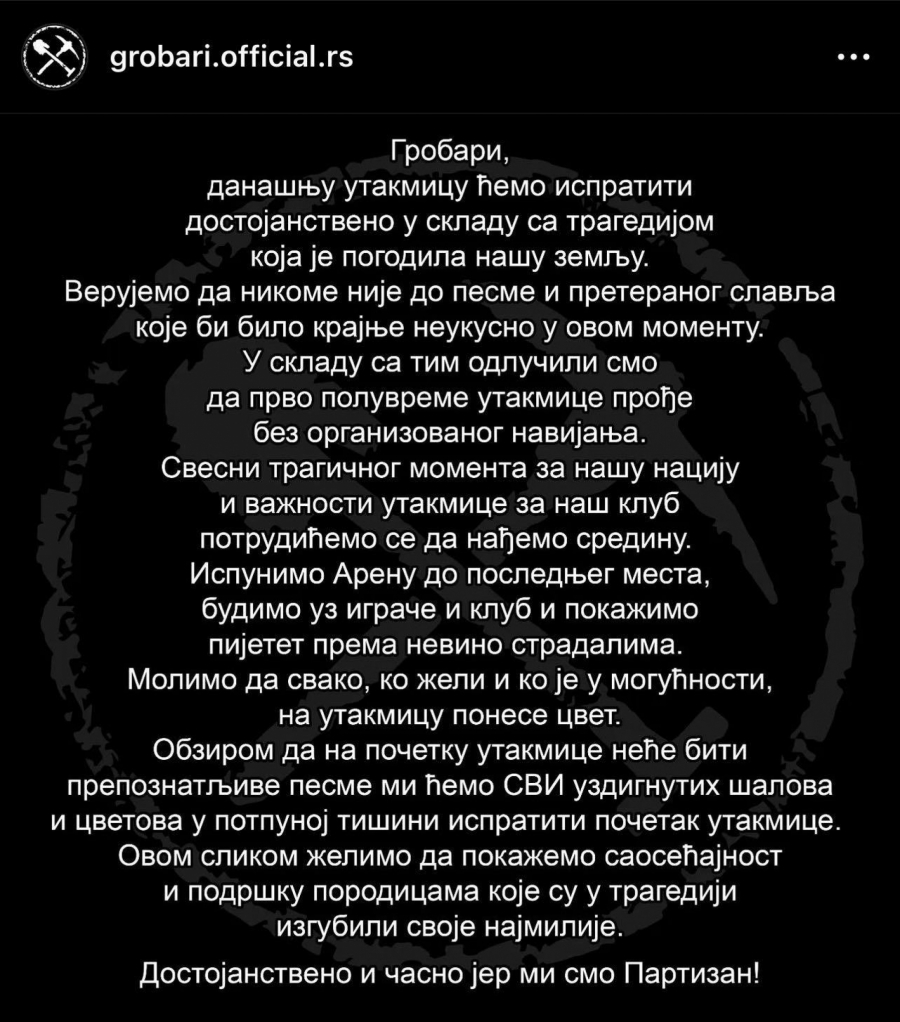 SA CVETOM I U POTPUNOJ TIŠINI Navijači Partizana neće navijati u prvom poluvremenu zbog masakra na Vračaru
