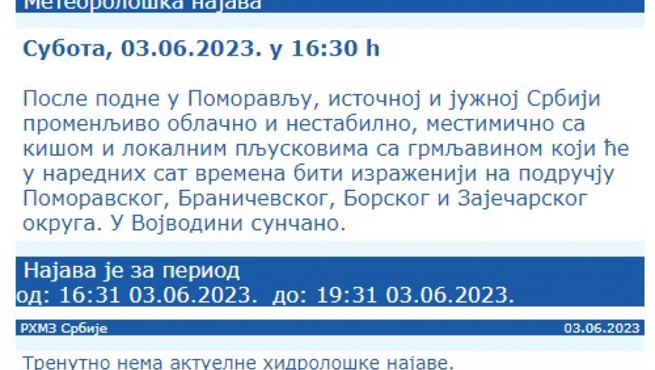 Najava nevremena RHMZ