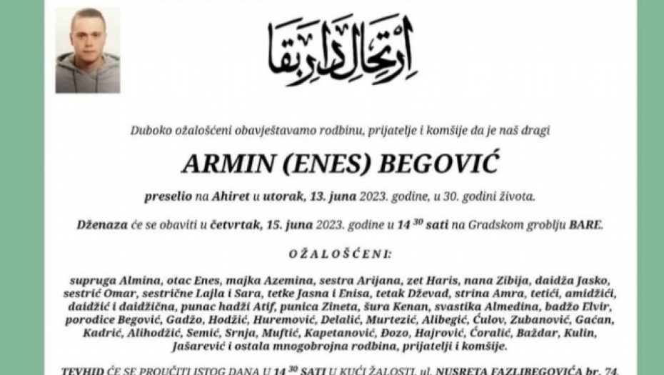 Preminuli sin Enesa Begovića 