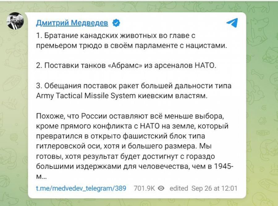 Medvedeva objava na Telegramu