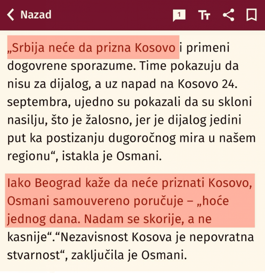 Osmanijeva poruka kosovo