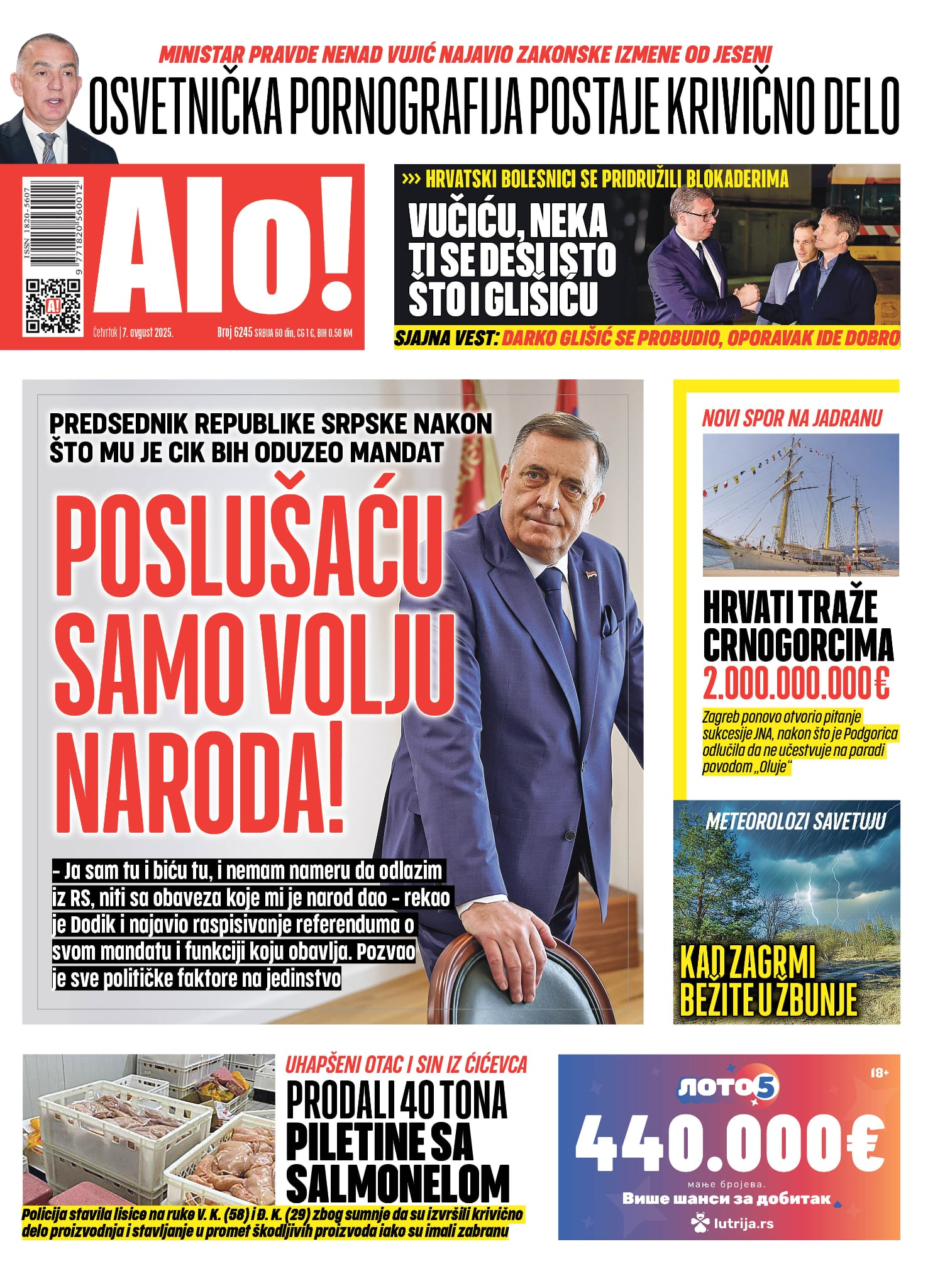 Naslovna strana Alo! novina za 7. avgust