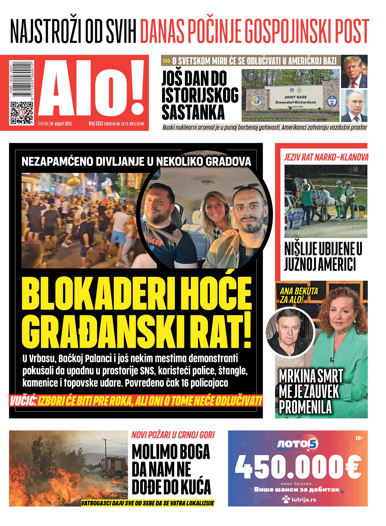 Štampano izdanje Alo! novina za 14.avgust