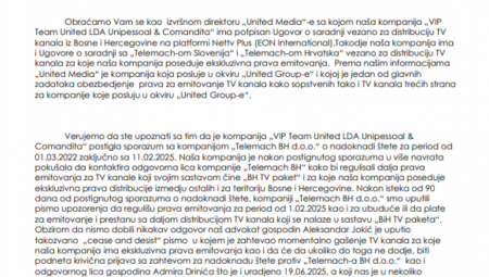 Alo! Došao u posed dopisa kompanije „Vip Team“ direktorki „United Media“