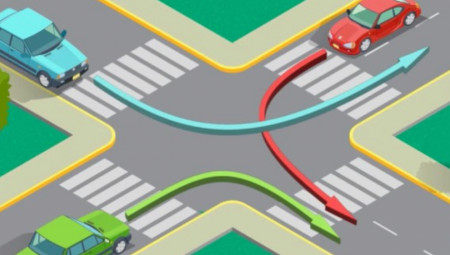 Na slici se nalaze tri automobila koja istovremeno stižu na neregulisanu raskrsnicu, a pitanje je: ko ima pravo prvenstva prolaska?
