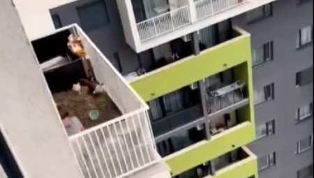 Na terasi jedne gradske zgrade u regionu vlasnik stana napravio je improvizovanu mini farmu sa kokoškama i petlovima, a video snimak ovog neobičnog prizora brzo je postao viralan na društvenim mrežama
