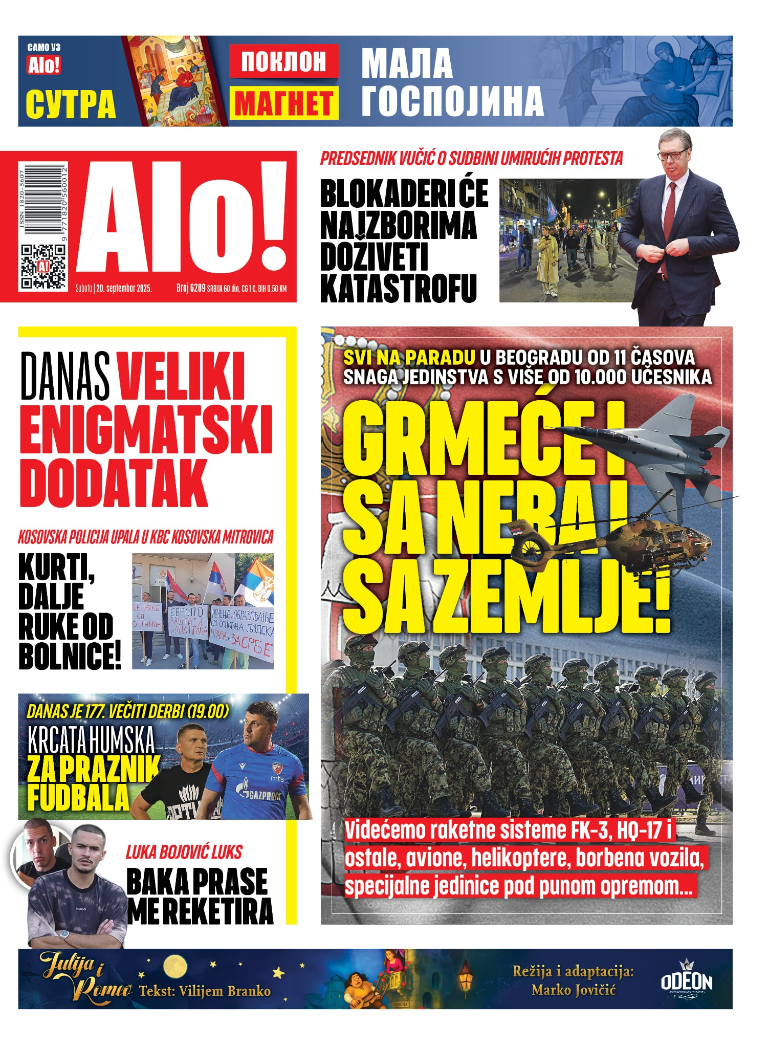 Naslovna strana Alo! novina za 20.septembar