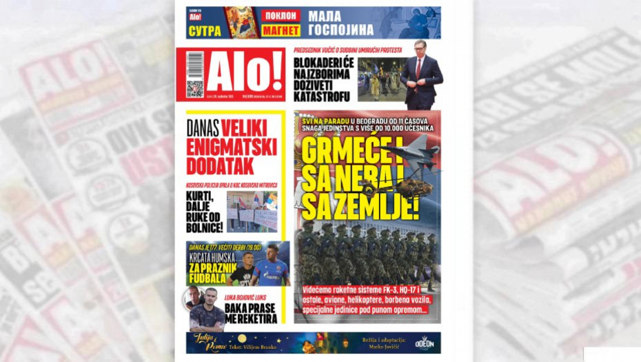 Naslovna strana Alo! novina za 20.septembar