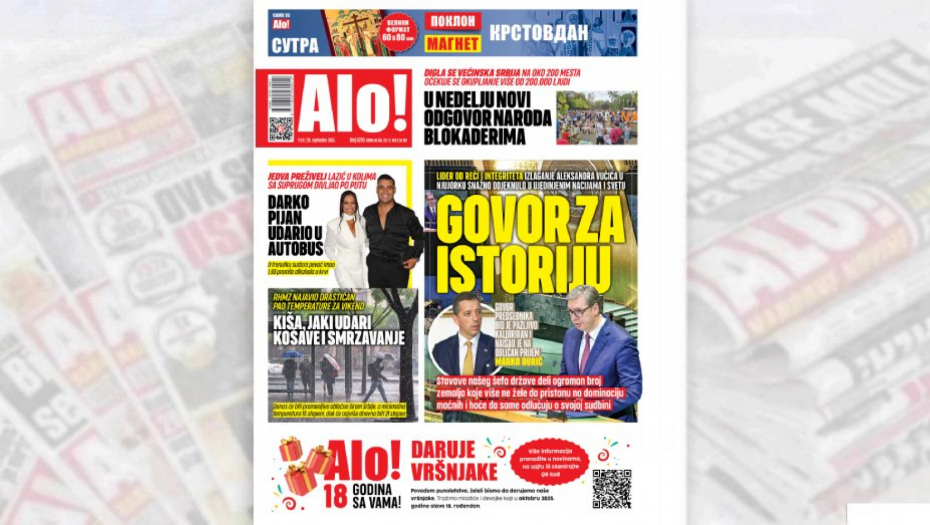 Naslovna strana Alo! novina za 26. septembar