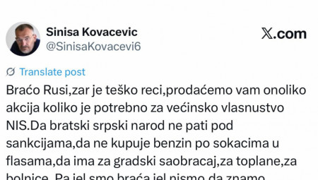 Siniša Kovačević oglasio se na društvenoj mreži Iks i tom prilikom isprozivao Rusiju