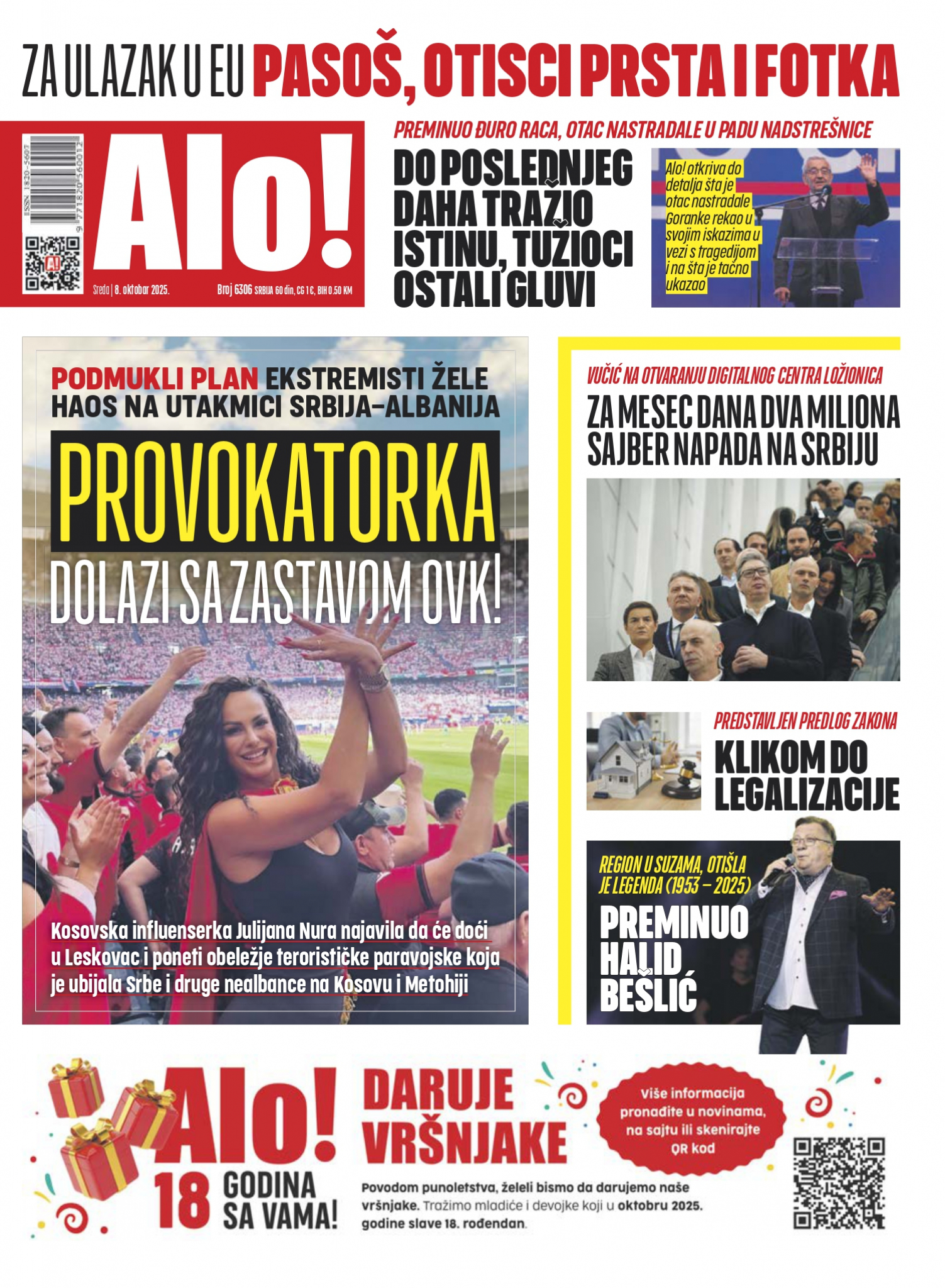 Naslovna strana Alo! novina za 8.oktobar