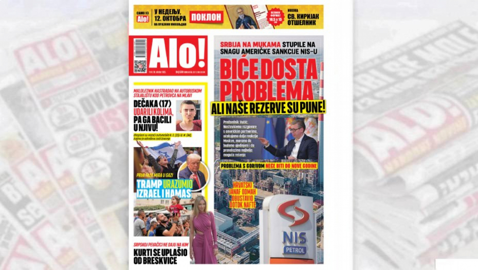 Naslovna strana Alo! novina za 10.oktobar