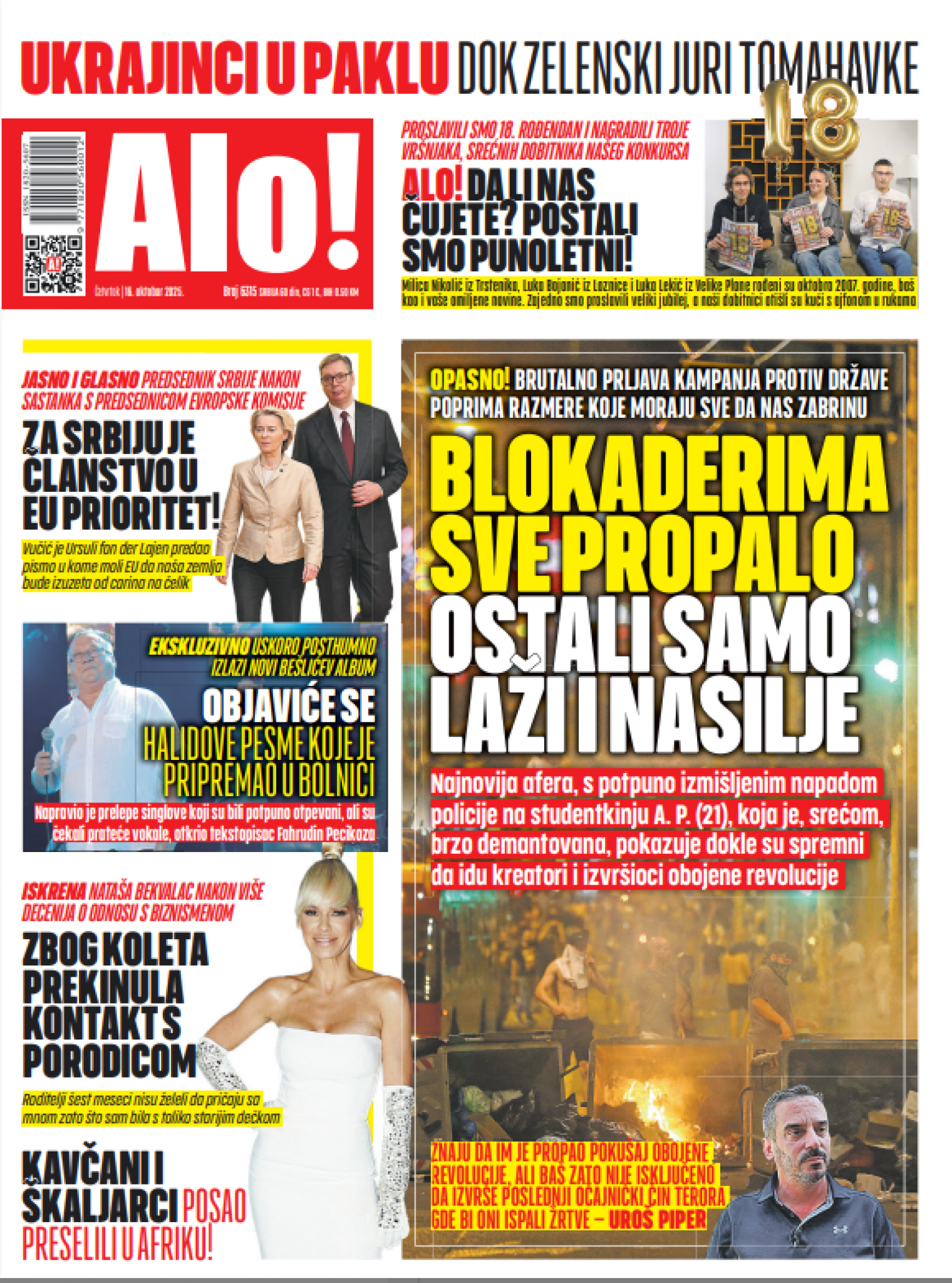 Naslovna strana Alo! novina za 16. oktobar