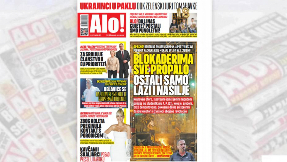 Naslovna strana Alo! novina za 16. oktobar