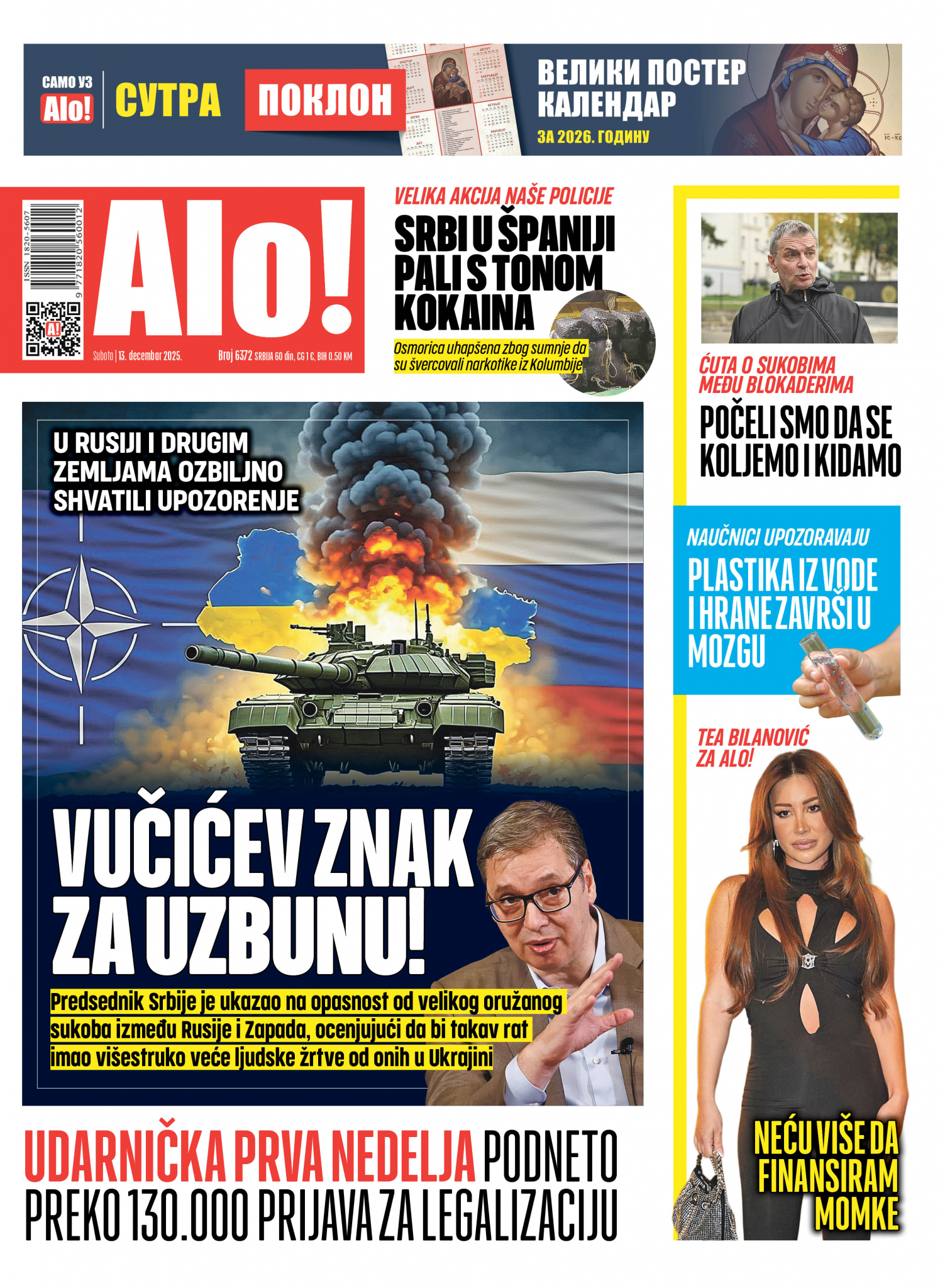 Naslovna strana Alo! novina za 13.decembar