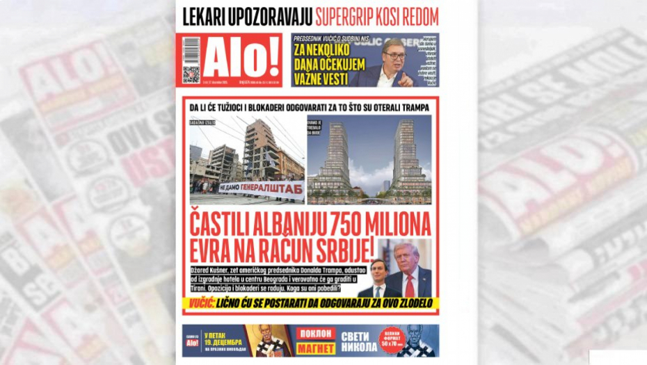 Naslovna strana Alo! novina za 17. decembar