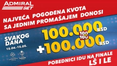 AKCIJA IZ SNOVA AdmiralBet promocija – 2 x 100 000 dinara svakog dana i put na finala LŠ i LE!