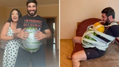ZALEPILA JE MUŽU LUBENICU ZA STOMAK I DVE DINJE DA IMITIRAJU GRUDI Želela je suprugu da približi kroz šta žena prolazi dok je trudna (VIDEO)