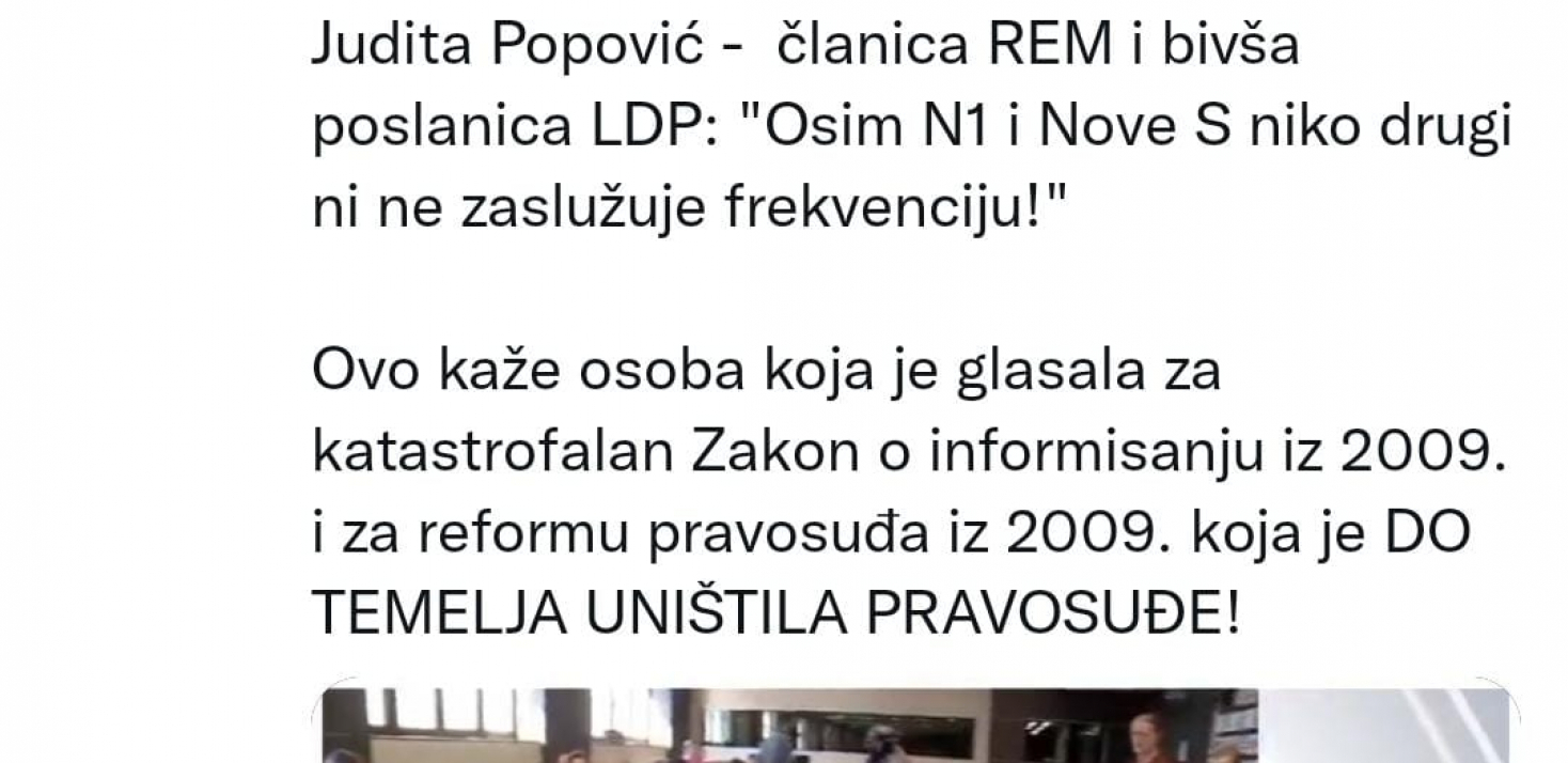 JUDITA POPOVIĆ LOBIRA ZA N1 i NOVU S Smešno, ako se zna da je glasala za katastrofalan Zakon o informisanju iz 2009. i za reformu pravosuđa iz 2009. koja je DO TEMELJA UNIŠTILA PRAVOSUĐE!