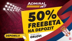 ZA "ORLOVE" NAVIJAJ FREEBET OSVAJAJ U ADMIRALBET-U Samo danas, preuzmite čak 50% freebet-a na prvi dnevni depozit na AdmiralBet onlajn nalogu uz promo kod ORLOVI