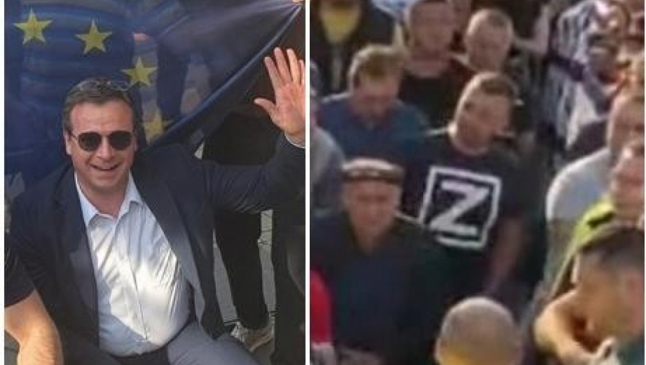 PROZAPADNI I PRORUSKI, SAMO NE PROSRPSKI  Zajedno na protestu - Čedomir Stojković ispred NATO zastave i čovek sa slovom Z na majici