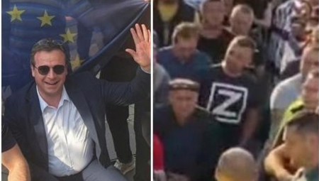 PROZAPADNI I PRORUSKI, SAMO NE PROSRPSKI  Zajedno na protestu - Čedomir Stojković ispred NATO zastave i čovek sa slovom Z na majici