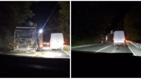 KAMION IZGOREO NA PUTU IVANJICA - GUČA Ostala je samo olupina u pepelu