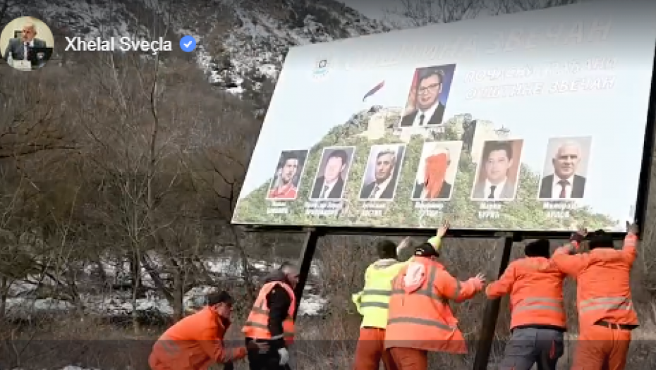 DIVLJANJE KURTIJEVIH LAŽNIH MINISTARA Srušili bilbord na kojem su Vučić, Putin, Đoković, PA ZAPRETILI... (FOTO)