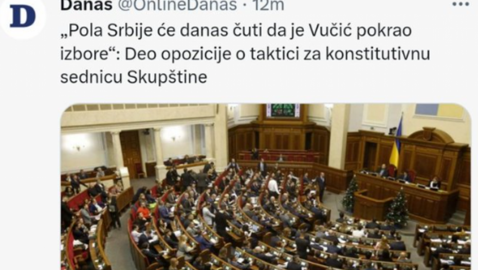 ŠIFRA - MAJDAN: Tabloid "Danas" objavio fotografiju ukrajinske skupštine za vest o konstitusanju srpskog parlamenta