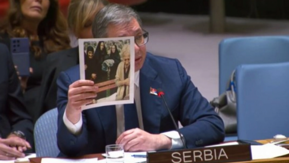 VUČIĆ JE PROZREO VJOSINU PRLJAVU NAMERU Šef države u UN precizno izložio težak položaj našeg naroda na KiM u ukazao na posledice