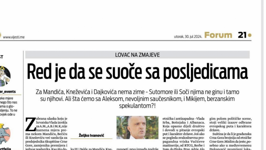 UŽAS Ivanović likuje zbog odluke Hrvatske da crnogorskim Srbima zabrani ulazak