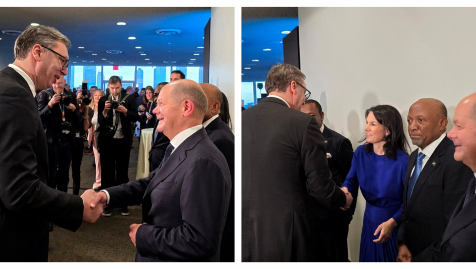 VUČIĆ SE SUSREO SA ŠOLCOM I BERBOK Predsednik na prijemu koji su organizovali nemački kancelar i predsednik Namibije