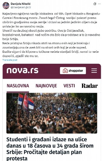 NAROD TO NEĆE DOZVOLITI, ZGADILI STE MU SE Nikolić: Neće pristojna Srbija nikada stati na stranu onih koji je blokiraju i zaustavljaju!