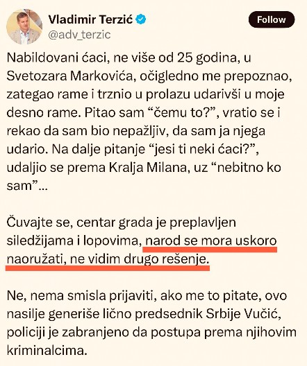 IZMISLIO DA JE NAPADNUT NA ULICI I OKRIVIO VUČIĆA! Blokaderski advokat poziva na građanski rat? "Narod se mora uskoro naoružati"