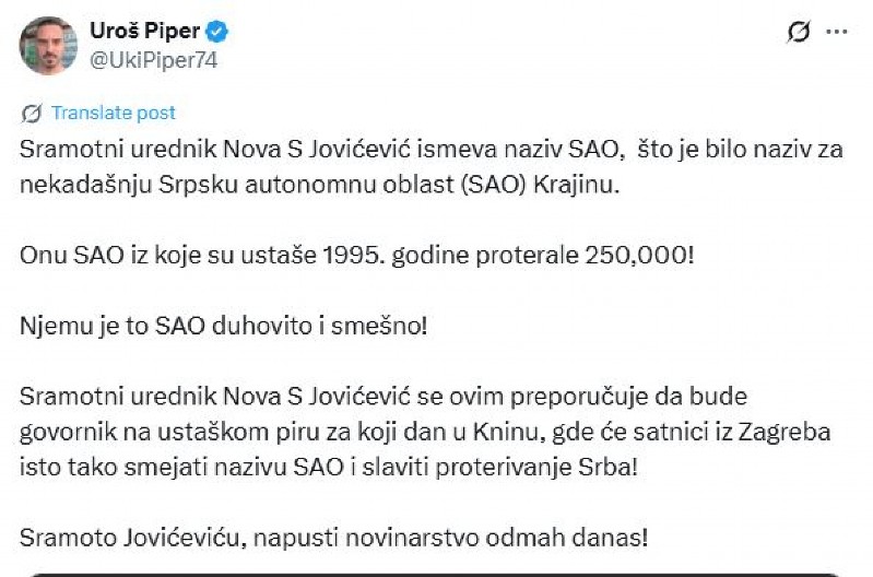 "OVIM SE PREPORUČUJE DA BUDE GOVORNIK U KNINU" Piper demolirao opozicionog urednika: Odmah napusti novinarstvo
