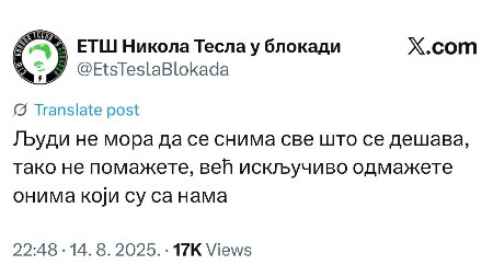 "NEMOJTE DA SNIMATE KAKO PALIMO I RUŠIMO" Jedna objava otkrila istinu koju fašisti blokaderi žele da sakriju (FOTO)