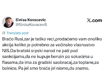 OPOZICIONAR SINIŠA KOVAČEVIĆ ISPROZIVAO RUSIJU Ako ste braća budite pošteni prema Srbima i prodajte akcije NiS-a!
