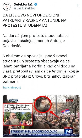 DA LI JE OVO NOVI OPOZICIONI PATRIJARH? Raspop Antonije na protestu studenata! (VIDEO)