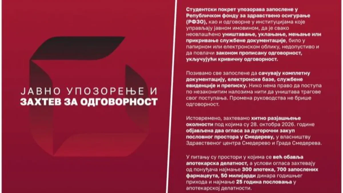 Studenti u blokadi upozorili na odgovornost zbog uništavanja dokumentacije u RFZO