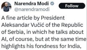 "ODLIČAN TEKST" Narendra Modi šerovao Vučićev članak na Tviteru