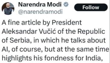 "ODLIČAN TEKST" Narendra Modi šerovao Vučićev članak na Tviteru