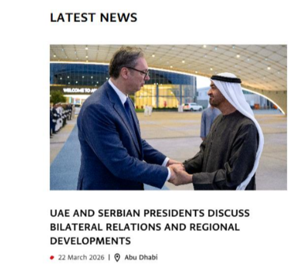 "TAKAV JE MOJ PRIJATELJ, ŠEIK MUHAMED..." Vučić u Emiratima udarna vest i na zvaničnom sajtu predsednika UAE