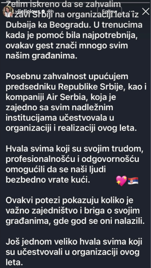 "POSEBNO VUČIĆU I AIR SRBIJI" Jelena Janković: Želim iskreno da se zahvalim državi Srbiji na organizaciji leta iz Dubaija ka Beogradu
