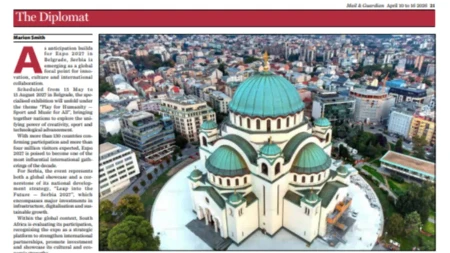 CELA STRANA ZA EKSPO U BEOGRADU U JUŽNOAFRIČKOM NEDELJNIKU! "Srbija se pozicionira kao globalno žarište inovacija, kulture i međunarodne saradnje"