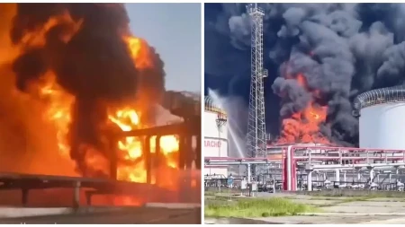 OGROMAN POŽAR U RUSKOJ RAFINERIJI NAFTE Pojavili se snimci buktinje nakon pada drona (VIDEO)