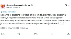 Ambasada Kine reagovala zbog laži u "Utisku nedelje": Pozivamo da prestanu sa širenjem netačnih informacija